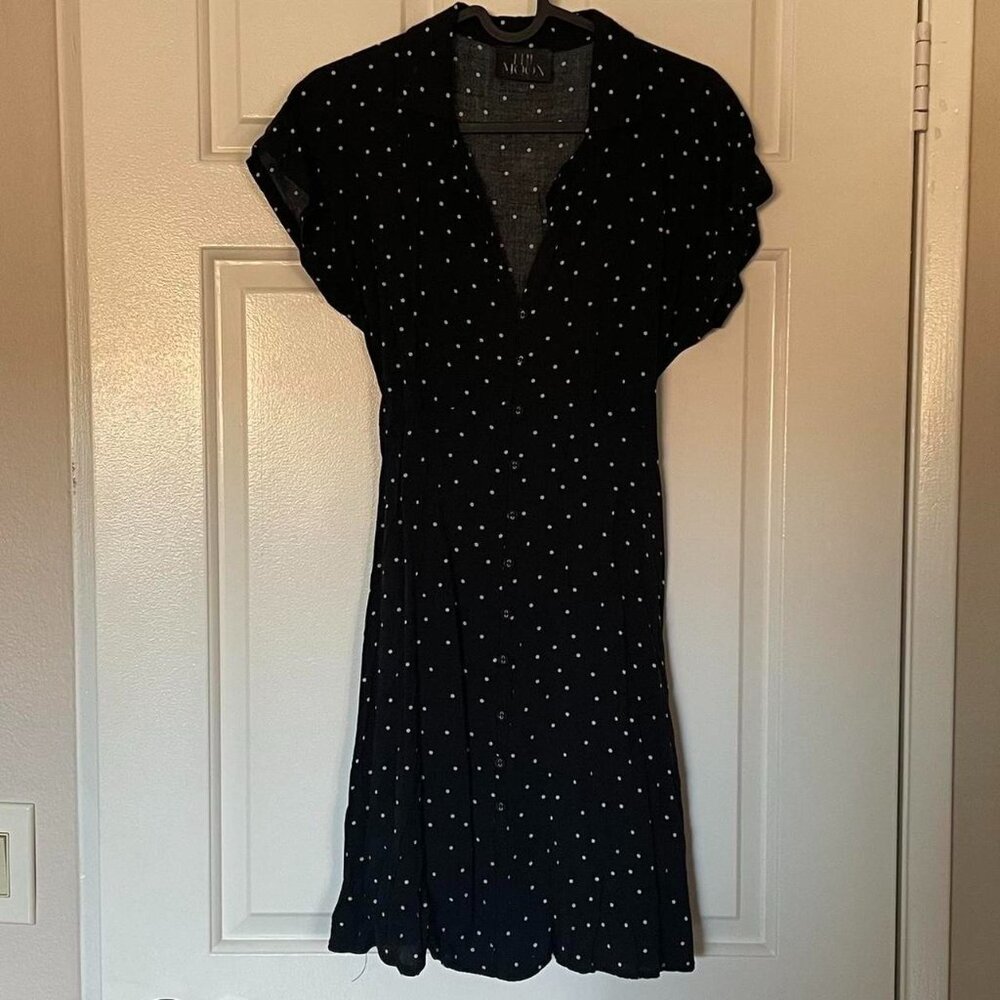 Black and white polka dot collared dress with back tie detail